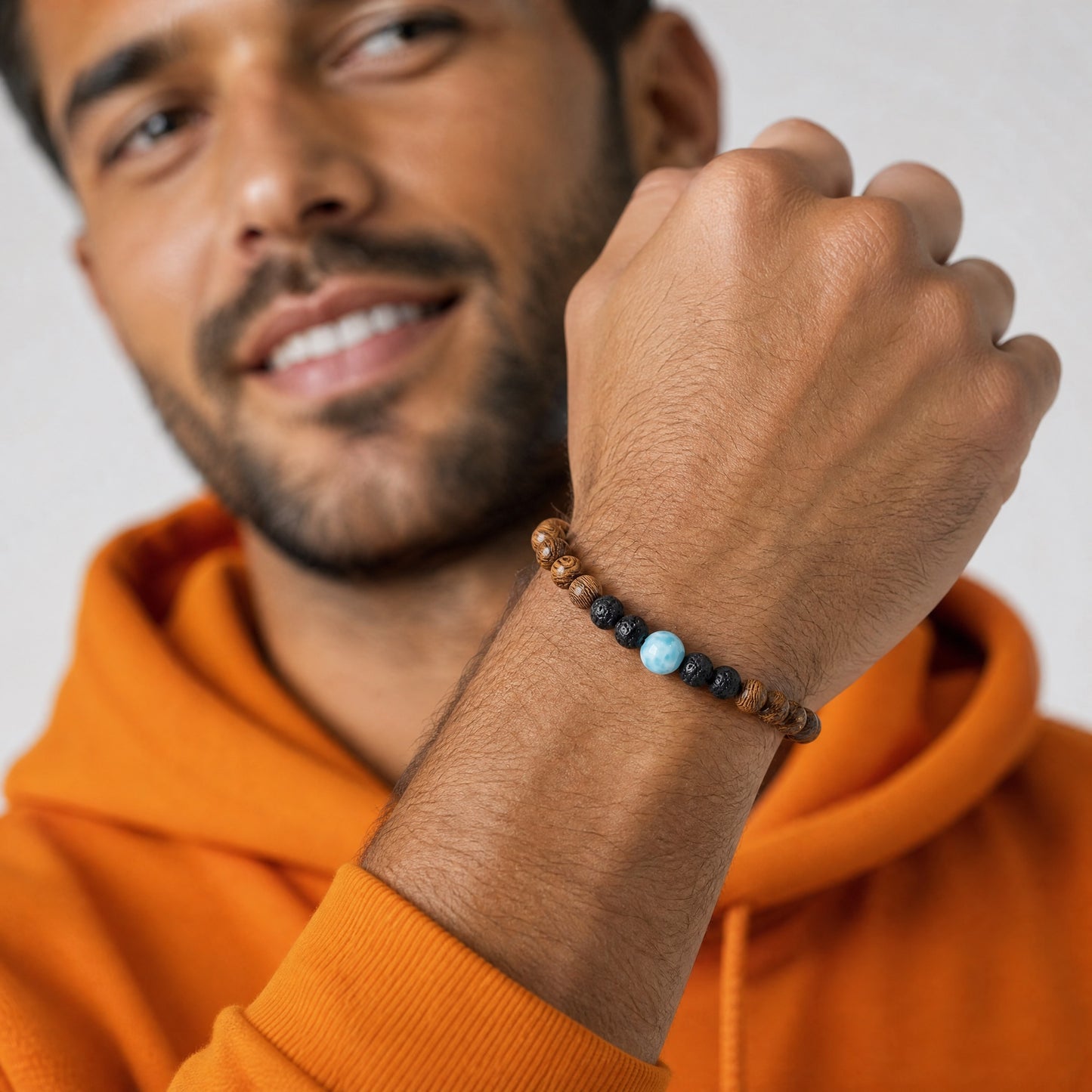 Armband Holzperlen mit Larimar und Lavastein