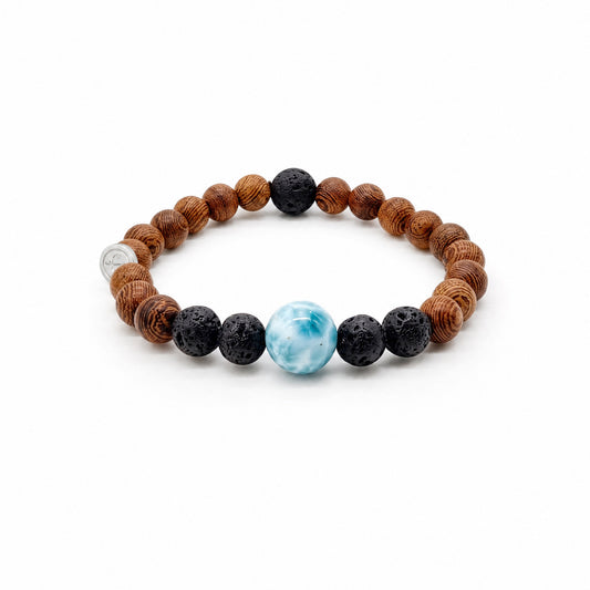 Armband Holzperlen mit Larimar und Lavastein