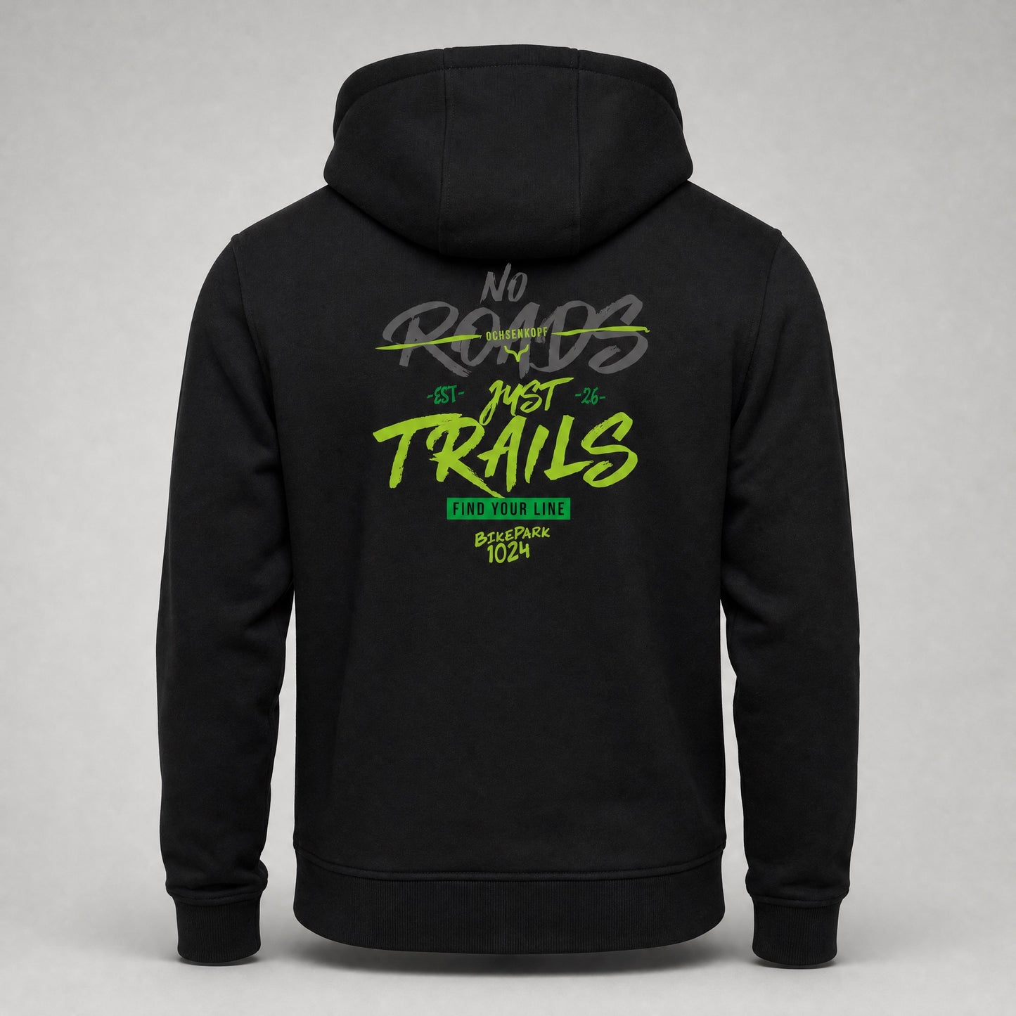 Bikepark 1024 Just Trails - Schwarzer Hoodie mit Druck und Stick