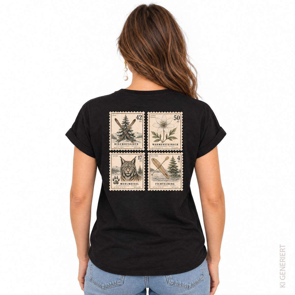 Fichtelgebirge Briefmarken - Schwarzes Damen T-Shirt mit Druck und Stick