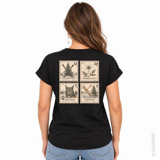 Fichtelgebirge Briefmarken - Schwarzes Damen T-Shirt mit Druck und Stick
