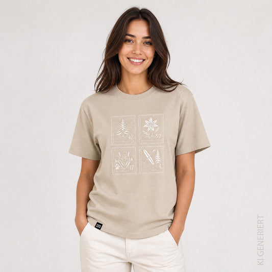 Fichtelgebirge Briefmarken - Beiges T-Shirt bestickt