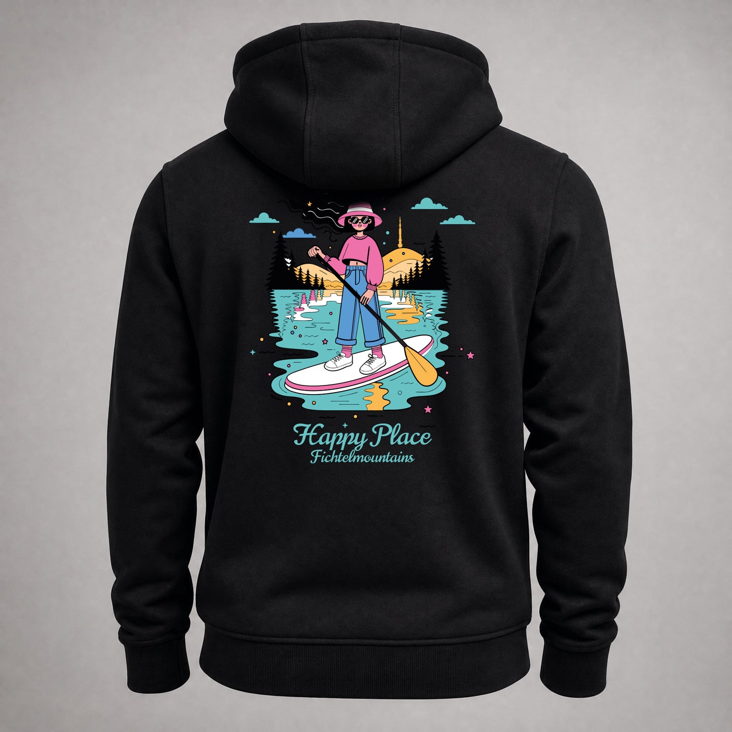 Fichtelgebirge Happy Place - schwarzer Hoodie mit Druck und Stick