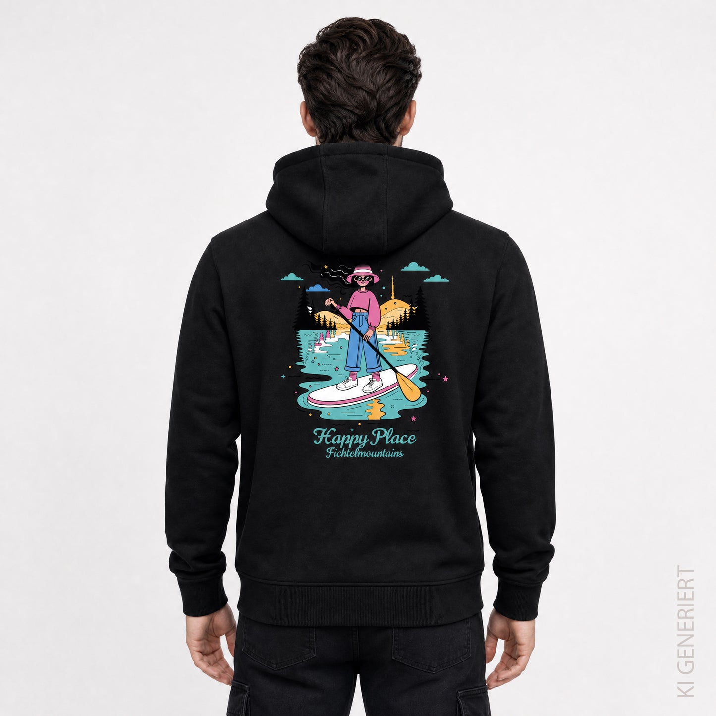 Fichtelgebirge Happy Place - schwarzer Hoodie mit Druck und Stick