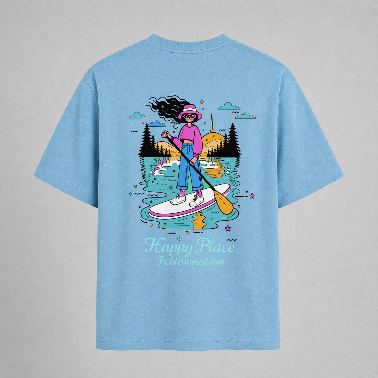 Fichtelgebirge Happy Place - Hellblaues T-Shirt mit Druck und Stick