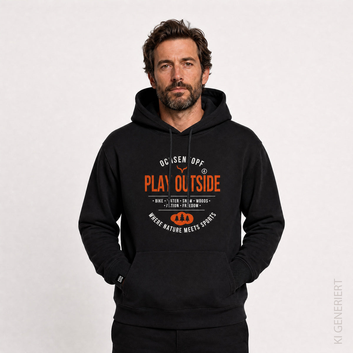 Fichtelgebirge Play Outside - schwarzer Hoodie mit Druck und Stick