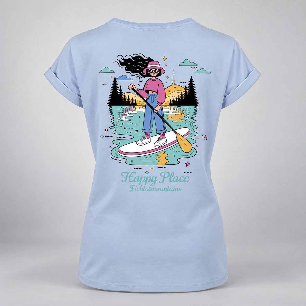 Fichtelgebirge Happy Place - Hellblaues Damen T-Shirt mit Druck und Stick