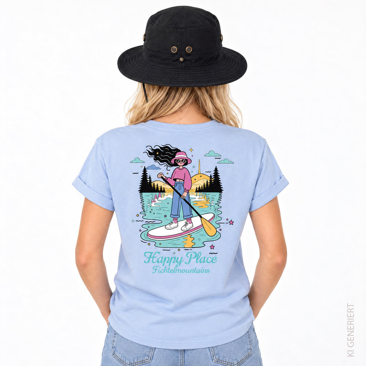 Fichtelgebirge Happy Place - Hellblaues Damen T-Shirt mit Druck und Stick