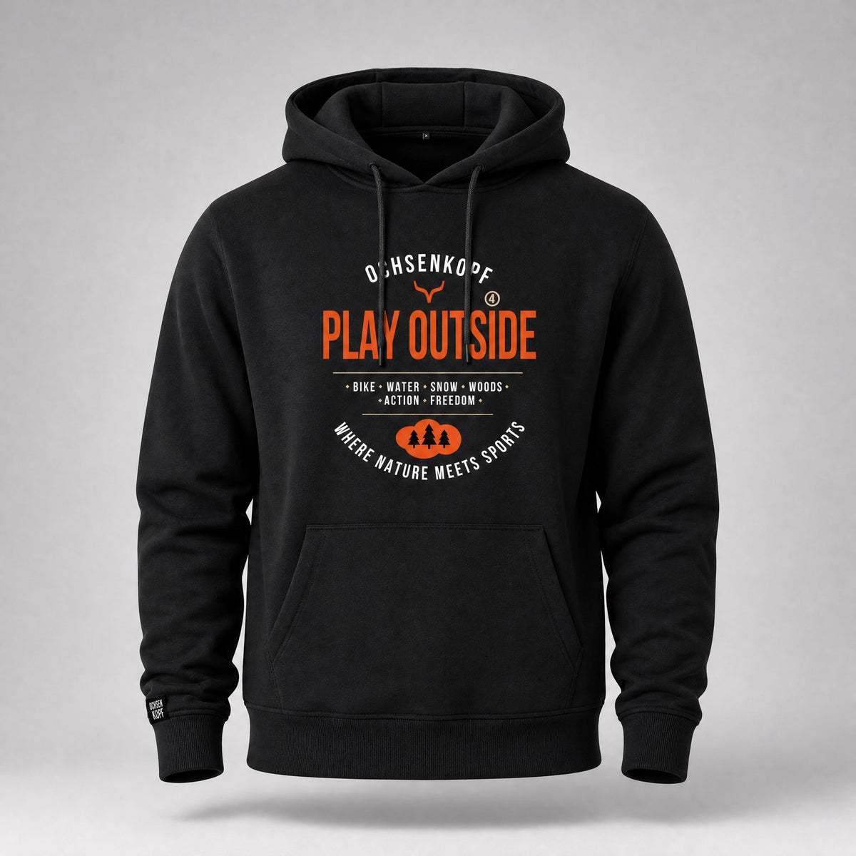 Fichtelgebirge Play Outside - schwarzer Hoodie mit Druck und Stick