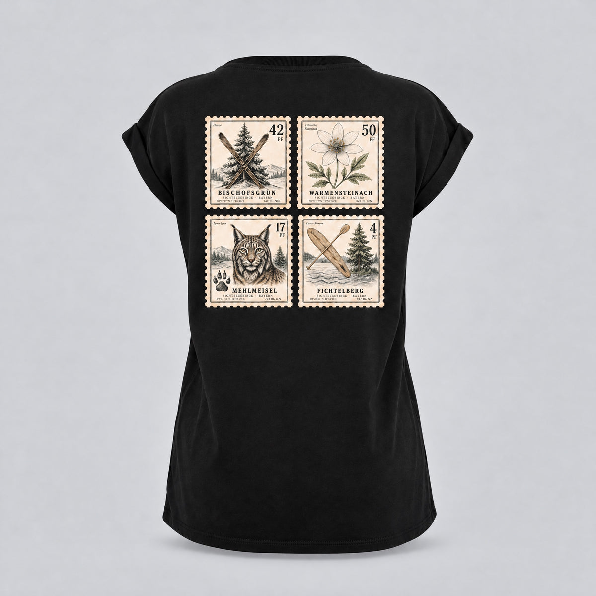 Fichtelgebirge Briefmarken - Schwarzes Damen T-Shirt mit Druck und Stick