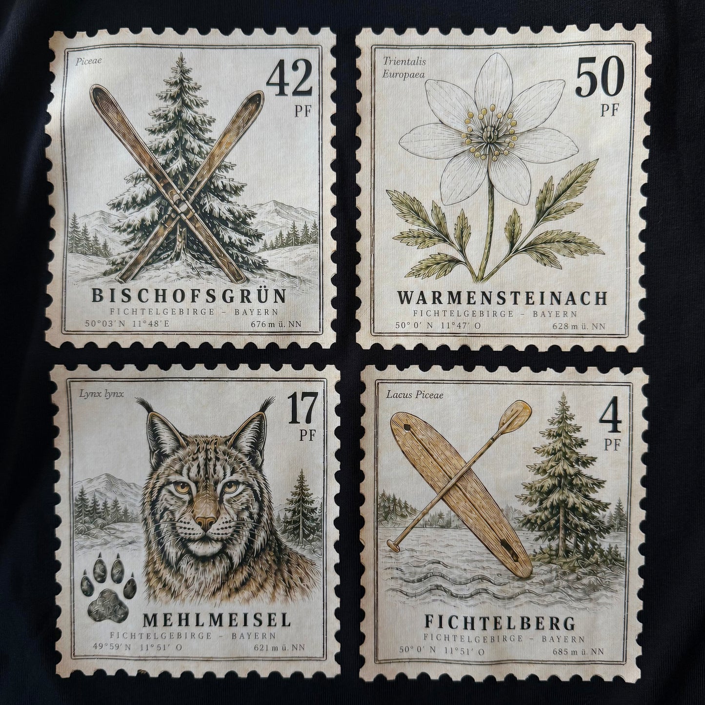 Fichtelgebirge Briefmarken - Schwarzes T-Shirt mit Druck
